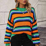 Spliced Knitted Sweater Loose Intercolor Round Neck Striped Wholesale Womens Clothing N3823082600021