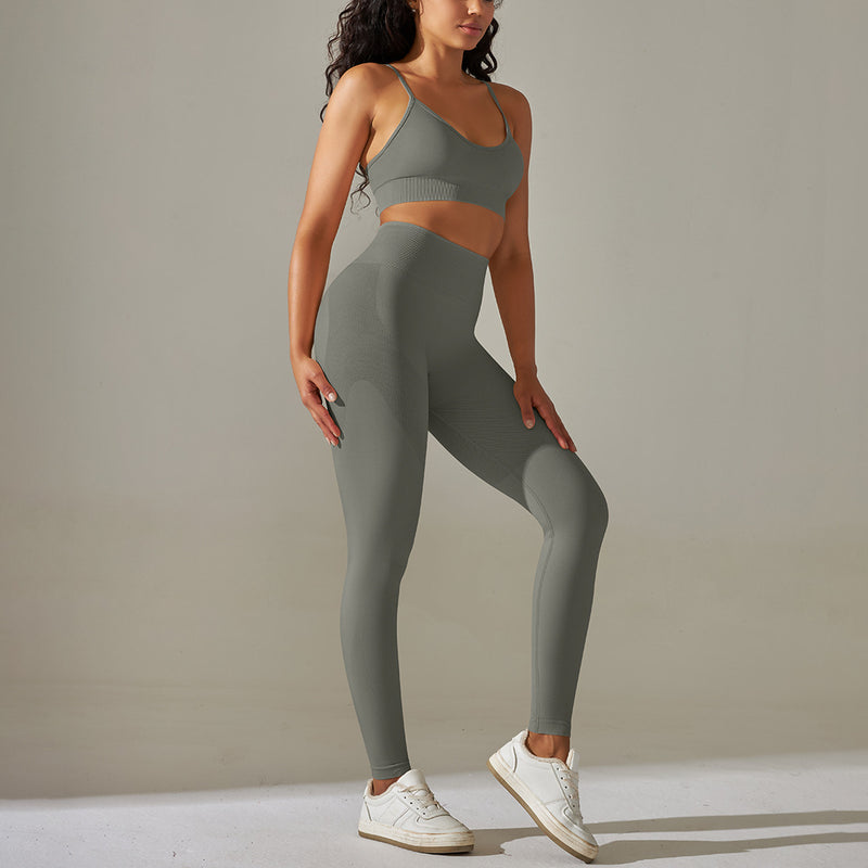 Seamless Solid Color Crop Tops High Waist Leggings Sports Suit Wholesale Womens Clothing