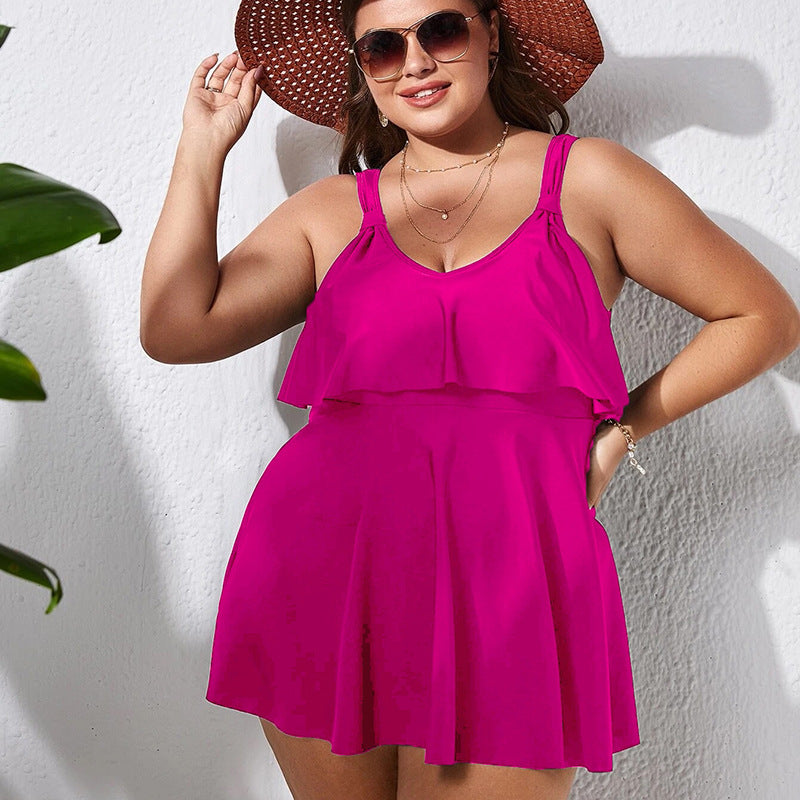 Wholesale Women Plus Size Clothing Solid Color Ruffled Sleeveless Two Piece Swimsuit