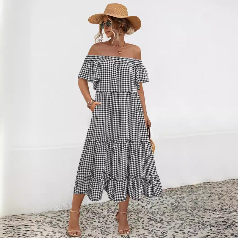 Sexy Off Shoulder Plaid Maxi Dresses Wholesale Womens Clothing N3824042900043