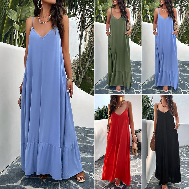 Elegant Solid Color Sling Maxi Dresses Wholesale Womens Clothing N3824040100132