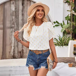 Round Neck Pinch Pleat Polka Dot Short Sleeve Tops Wholesale Womens Clothing N3824050700081