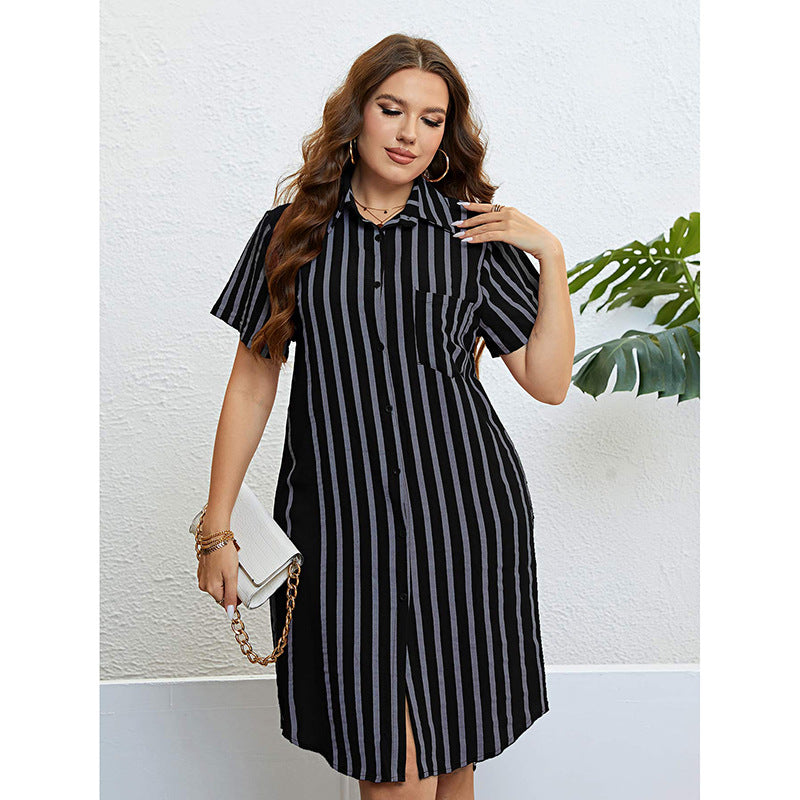 Short-Sleeved Black Striped Loose Casual Shirt Dress Wholesale Plus Size Clothing