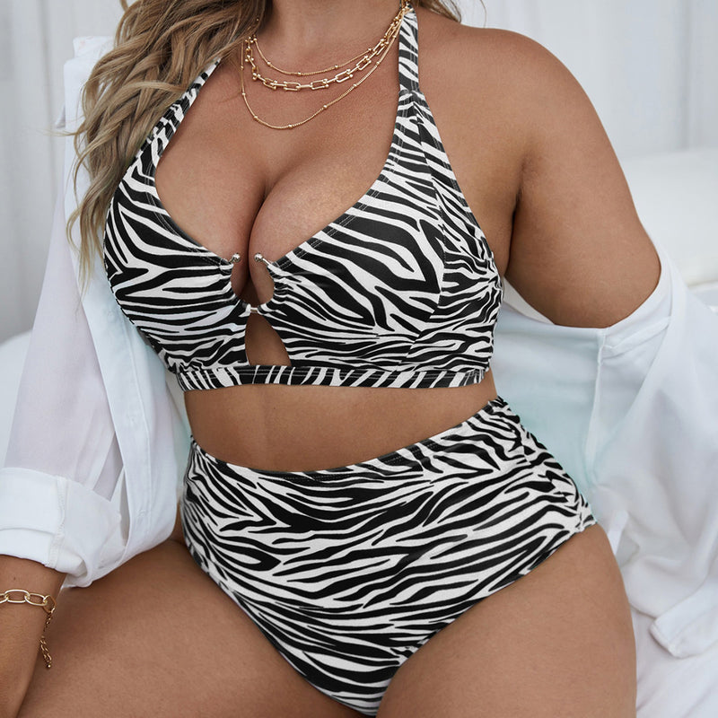 Wholesale Women Plus Size Clothing Split Two-Piece Zebra Print Hollow Halter Neck Swimsuit
