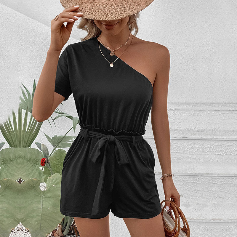 Casual One Shoulder Solid Color Rompers & Jumpsuits Wholesale Womens Clothing N3824022600090