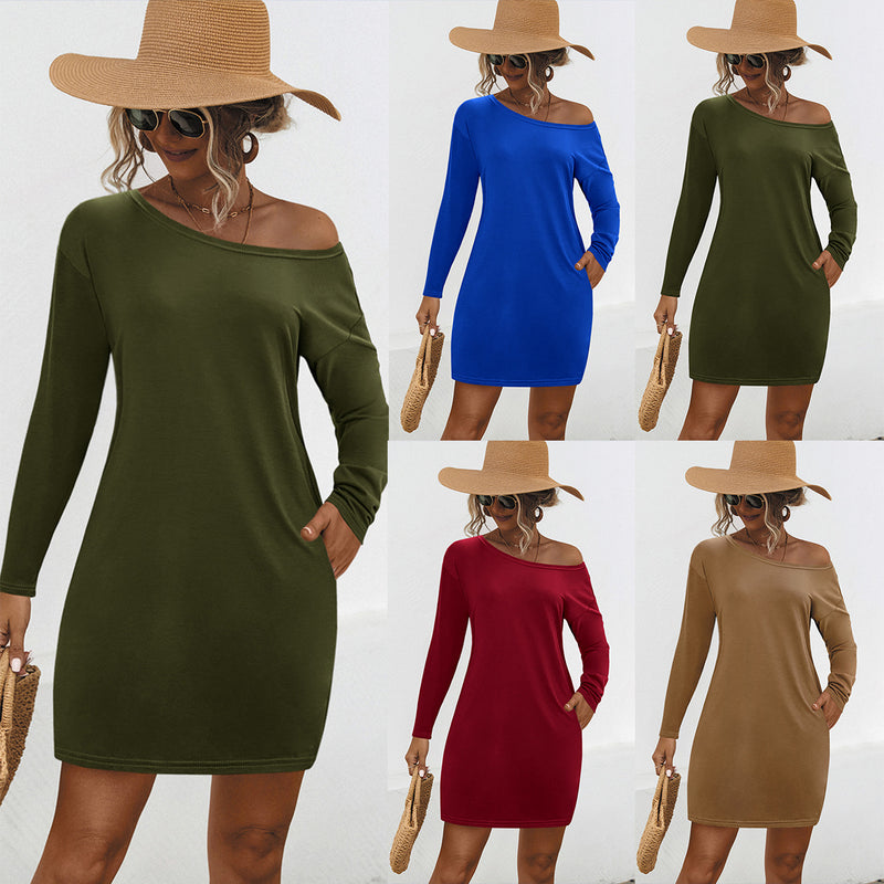 Long Sleeve Loose Strapless Pocket Dresses Wholesale Womens Clothing N3824050700099
