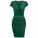 Solid Color V-Neck Waist Slim-Fit Short-Sleeved Dresses Wholesale Womens Clothing N3824041600033