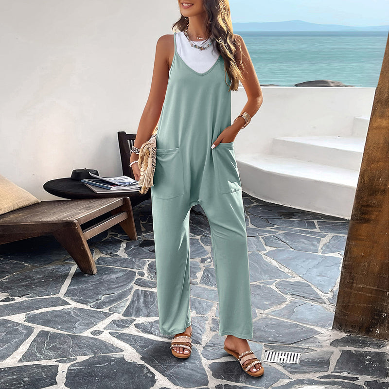 Women's Solid Color Sling Jumpsuit With Pockets Wholesale Womens Clothing N3823122900148