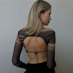 Long Sleeve Printed Mesh Sexy Backless Slim Crop Tops Wholesale Women'S Top