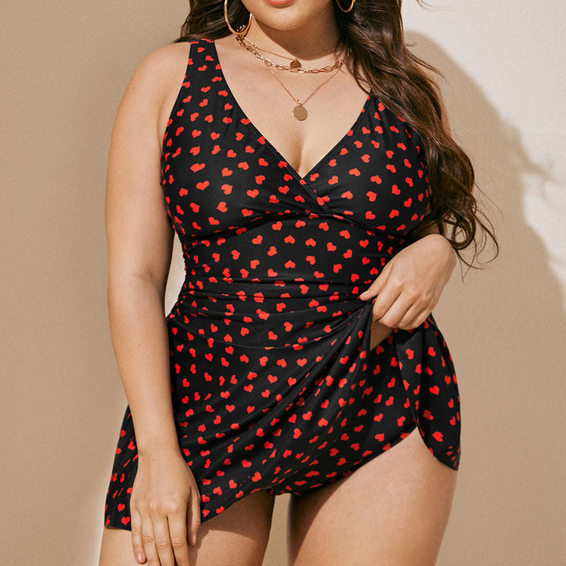 Wholesale Plus Size Womens Clothing Heart Print Sleeveless Conservative Two-Piece Swimsuit