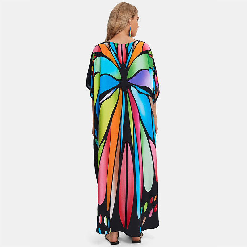 Rayon Colorful Print Beach Dress Long Loose Robe Swimsuit Cover Up Wholesale Womens Clothing N3824022600101
