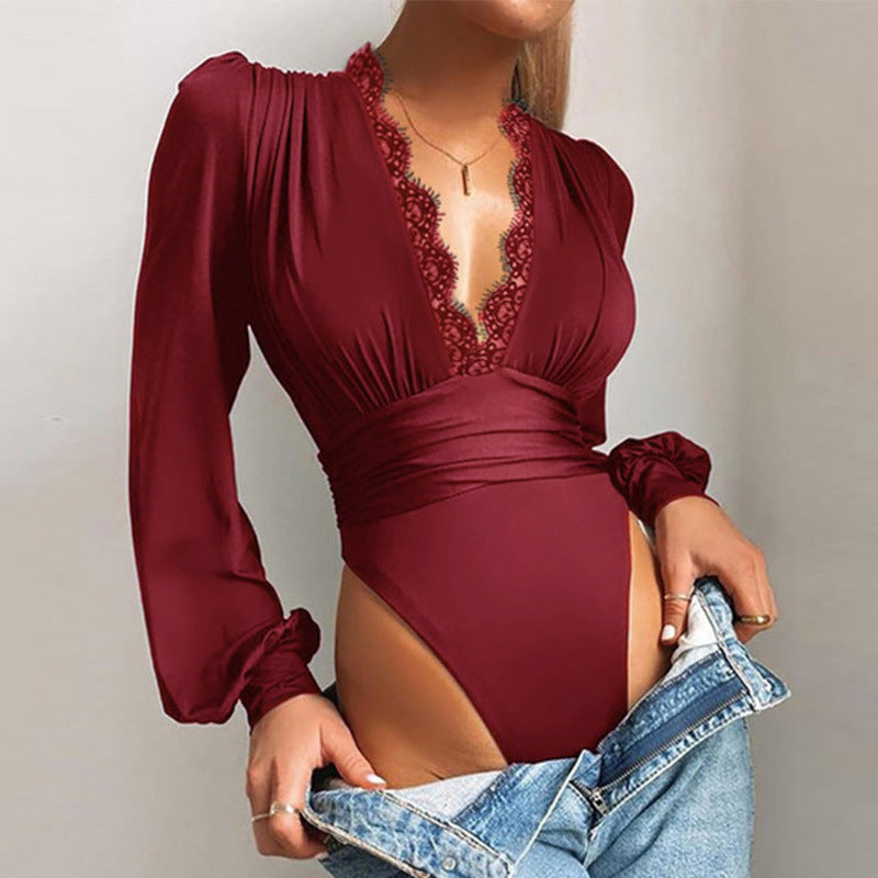 Solid Color Deep V Neck Lace Slim Fit Bodysuits Wholesale Womens Clothing N3823103000059