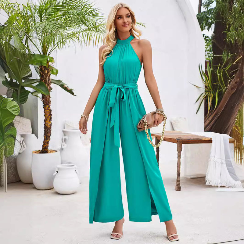 Solid Color Halter Neck Strappy Jumpsuit Wholesale Womens Clothing N3824041600048