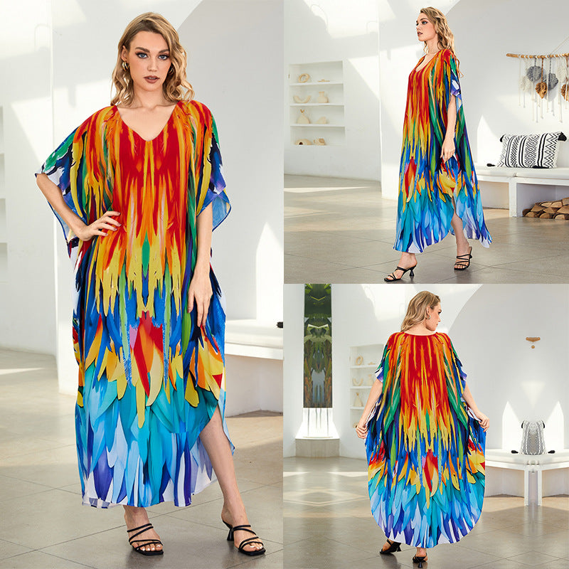 Rayon Colorful Print Beach Dress Long Loose Robe Swimsuit Cover Up Wholesale Womens Clothing N3824022600101