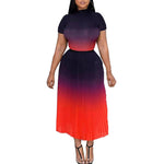 Wholesale Plus Size Clothing Casual Round Neck Short Sleeve Top And Pleated Mid-Length Skirt Set