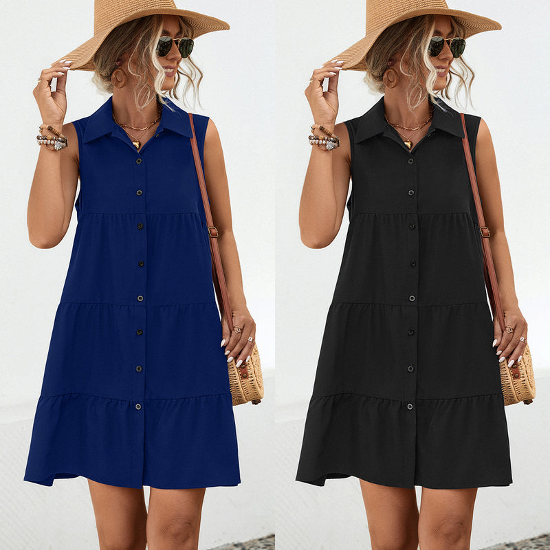 Lapel Patchwork Sleeveless Solid Shirt Dresses Wholesale Womens Clothing N3824042900038