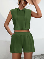 Hooded Sleeveless Patchwork Lace-Up Pocket Vest Shorts 2 Piece Set Wholesale Womens Clothing N3824050700106