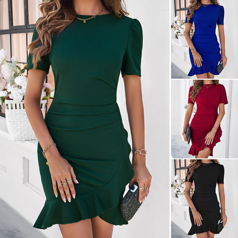 Solid Color Short Sleeve Ruffle Hem Slim Fit Dress Wholesale Womens Clothing N3824040100122
