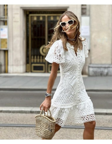 Fashion Jacquard Lace Wrap Hip Bubble Short Sleeve Dress Wholesale Dresses
