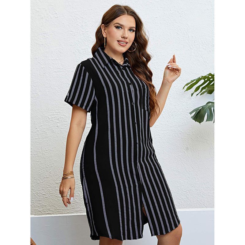 Short-Sleeved Black Striped Loose Casual Shirt Dress Wholesale Plus Size Clothing