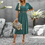 Casual Short-Sleeved Single-Breasted Solid Color V-Neck Long Dress Wholesale Dresses