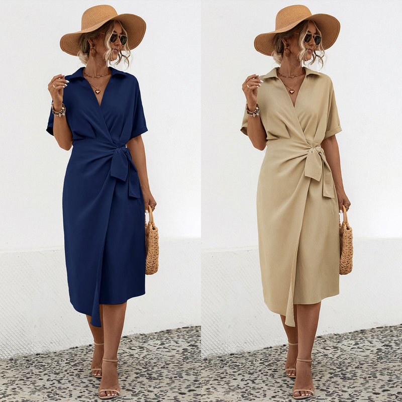 Short Sleeve Plain Lapel Belted Dress Wholesale Womens Clothing N3824042900039
