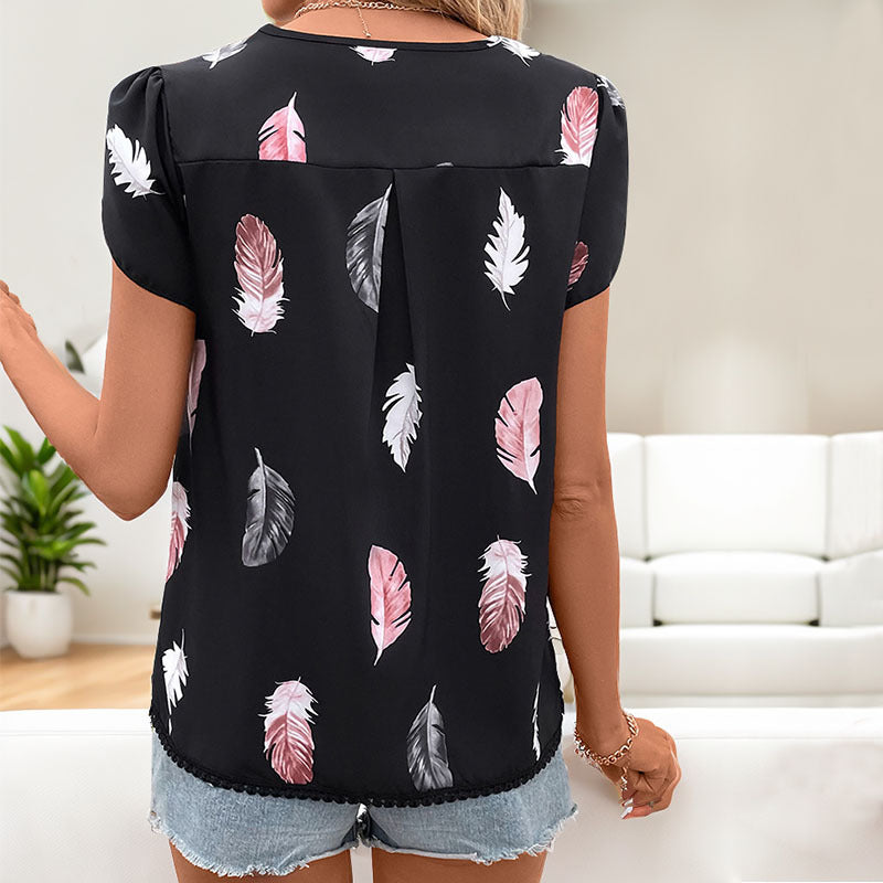 V-Neck Feather Print Shirts Wholesale Womens Clothing N3824042900068
