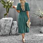 Casual Short-Sleeved Single-Breasted Solid Color V-Neck Long Dress Wholesale Dresses