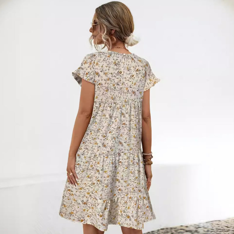 Round Neck Ruffle Sleeve Floral Printed Dresses Wholesale Womens Clothing N3824042900044