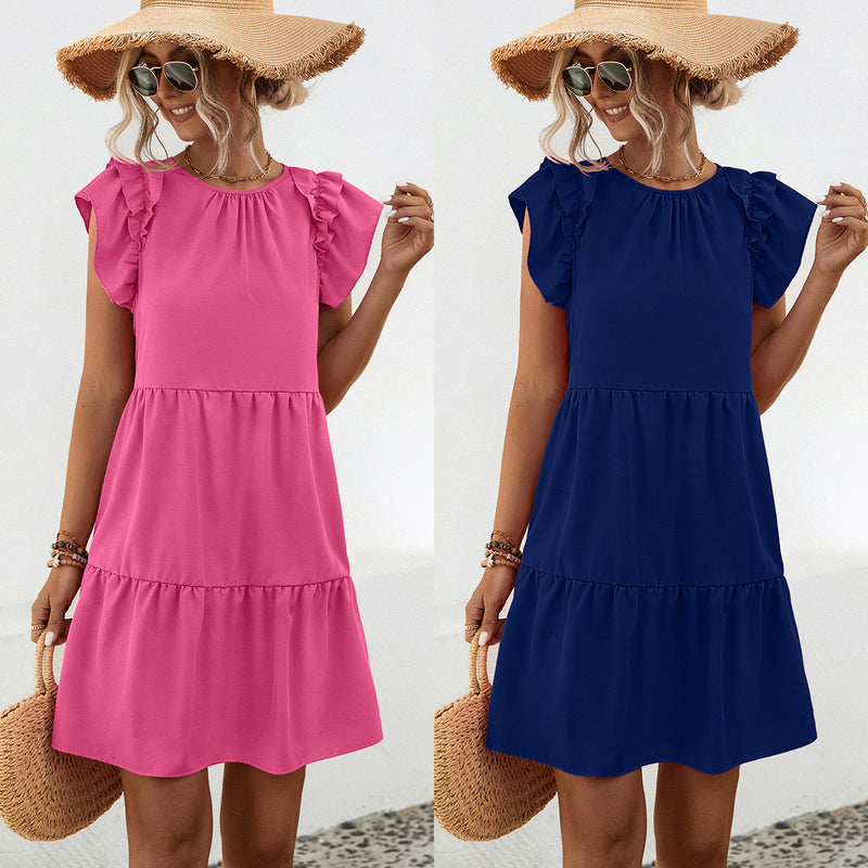 Ruffle Trim Sleeve Solid Color Dresses Wholesale Womens Clothing N3824042900042