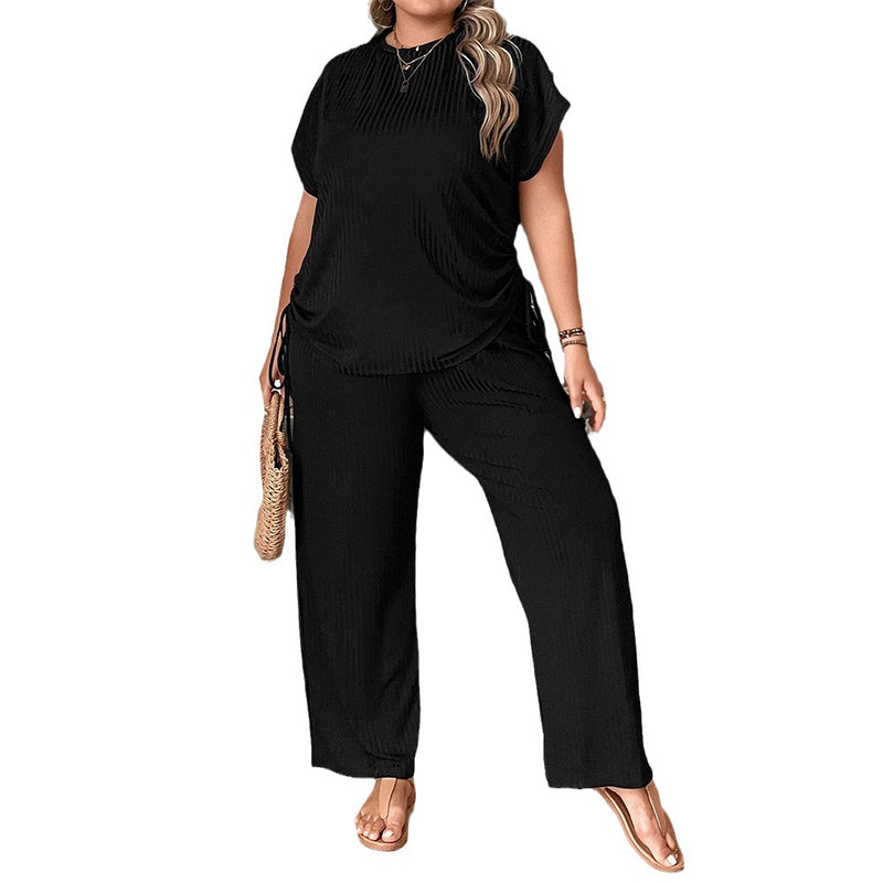 Wholesale Women Plus Size Clothing Loose Casual Short-Sleeved T-Shirt Wide-Leg Pants Two-Piece Set