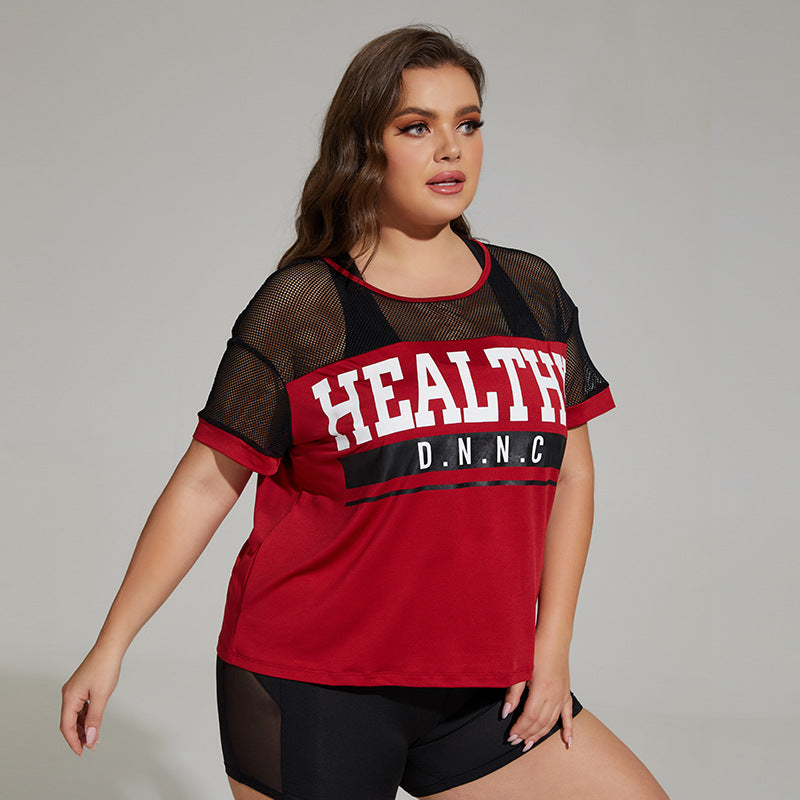 Wholesale Plus Size Womens Clothing Mesh Stitching Loose Sports Short-Sleeved Top