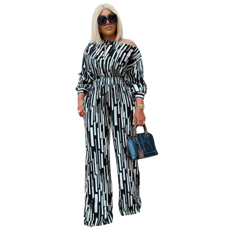 Striped Printed Diagonal Shoulders Loose Casual Two-Piece Set Wholesale Plus Size Womens Clothing N3823100900052