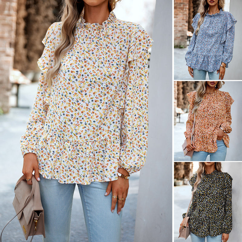 Fashion Round Neck Long Sleeve Floral Top Wholesale Womens Tops