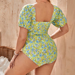 Wholesale Women Plus Size Clothing Floral Short-Sleeved One-Piece Swimsuit