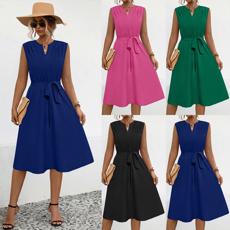 Sleeveless Pleated Belted Dresses Wholesale Womens Clothing N3824050700109