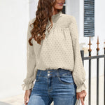 Fashion Hairball Chiffon Round Neck Cable Long Sleeve Shirt Wholesale Womens Tops