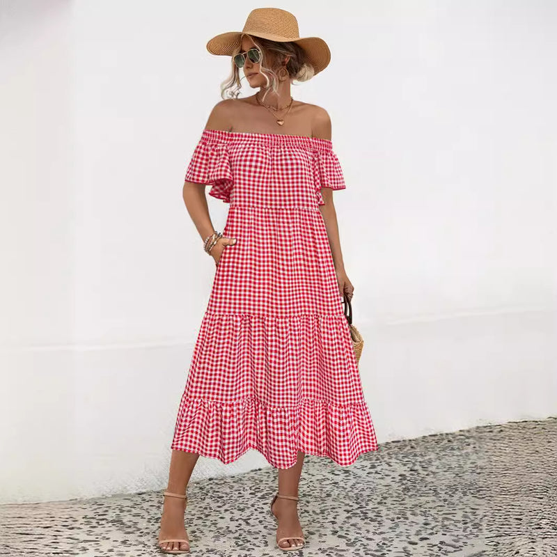 Sexy Off Shoulder Plaid Maxi Dresses Wholesale Womens Clothing N3824042900043
