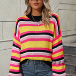 Spliced Knitted Sweater Loose Intercolor Round Neck Striped Wholesale Womens Clothing N3823082600021