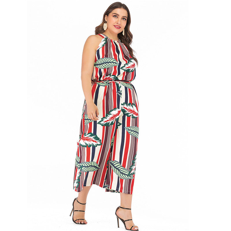 Wholesale Women'S Plus Size Clothing Striped Print Round Neck Sleeveless Jumpsuit