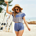 Colorblock Short Sleeve Tops & Boyshorts Womens Tankinis Three-Piece Swimsuit Wholesale Vendors