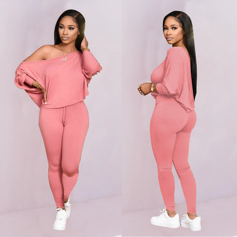 Sports Home Slanted Shoulder Long-Sleeved Leggings Two-Piece Suit Wholesale Women Clothing