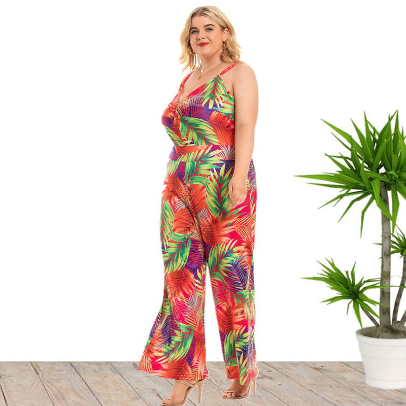 Wholesale Women'S Plus Size Clothing V-Neck Suspenders With Contrasting Color Printing Wide-Leg Jumpsuit
