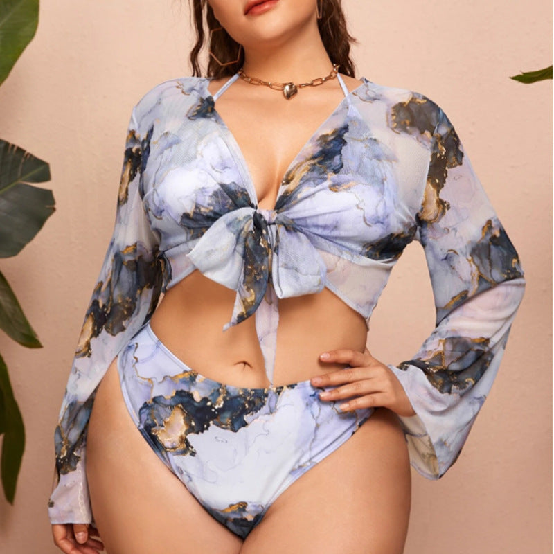 Wholesale Women'S Plus Size Clothing Printed Halter Neck Mesh Cardigan Three-Piece Swimsuit