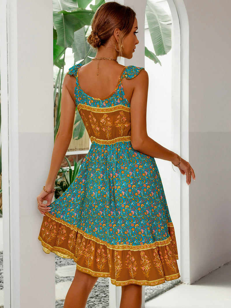 Bohemia Wooden Ears Suspenders Color Contrast Stitching Dress Wholesale Dresses