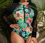 Wholesale Women'S Plus Size Clothing Printed Mesh-Paneled Zip-Up Swimsuit