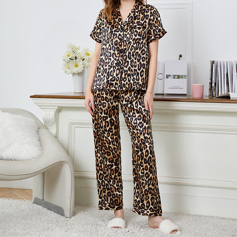 Leopard Print Short Sleeve Shirts & Trousers Homewear Pajamas Sets Wholesale Loungewear