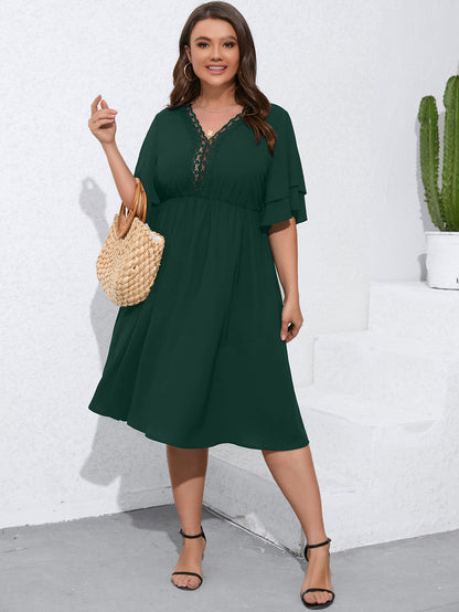 Wholesale Plus Size Womens Clothing Flared Sleeves Cutout V-Neck Slim Fit Dress