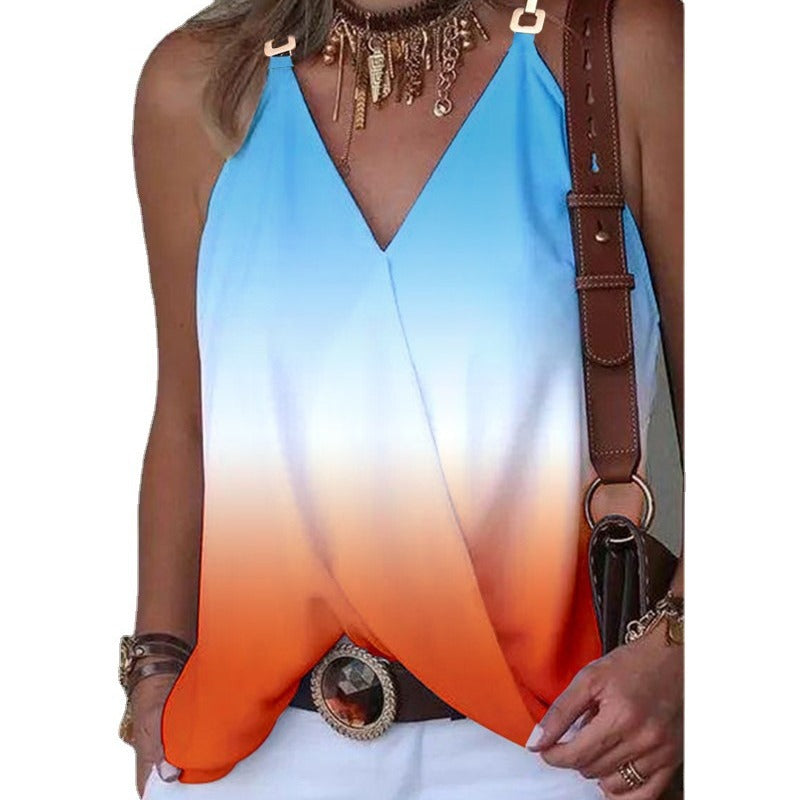 Simple V-Neck Metal Button Printed Tank Top Wholesale Womens Tops