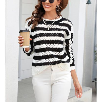 Hollow Stripe Round Neck Long Sleeve Knit Pullover Sweater Wholesale Women'S Top